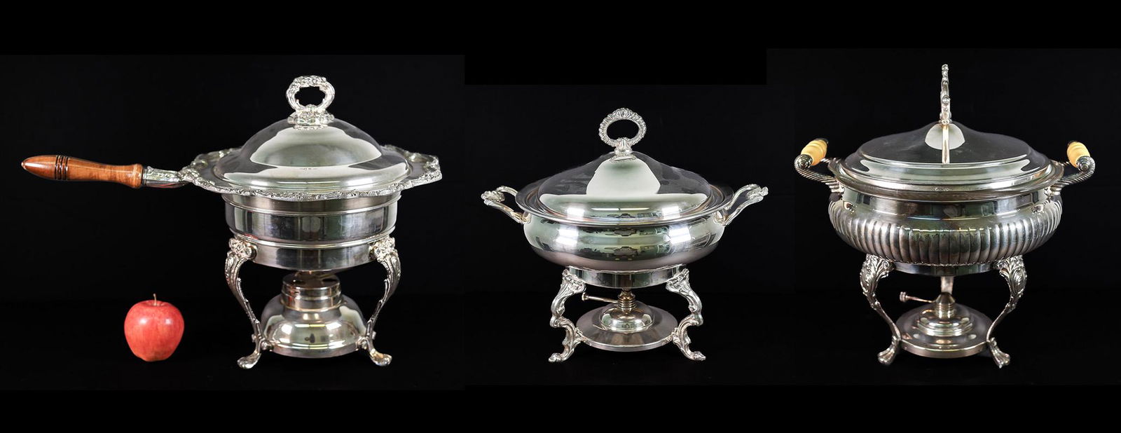 Vintage Group Plated Chafing Dishes with Burner: Vintage group of three silver plated covering chafing dishes with burners comprising a Poole by Leonard with removable 3qt Pyrex glass insert on cabriole legs. (approx. height 14 in width handle to ha