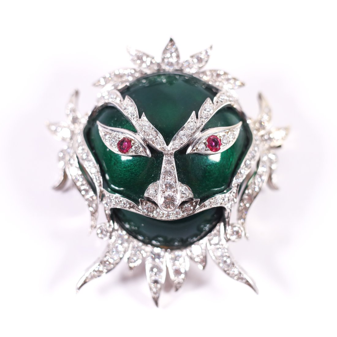 18K YG + PLAT. 1950S ENAMEL DIAMOND KABUKI MASK BROOCH (1 of 8)