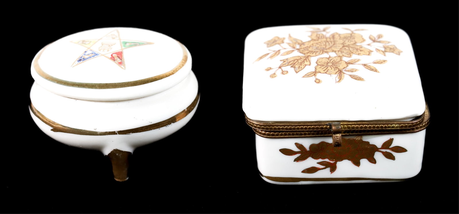 TWO PORCELAIN ENAMEL DECORATED TRINKET PILL BOXES: Two porcelain and enamel decorated trinket or pill boxes. Approx. 1.25 x 2.12 in., and 1.5 x 2 in.