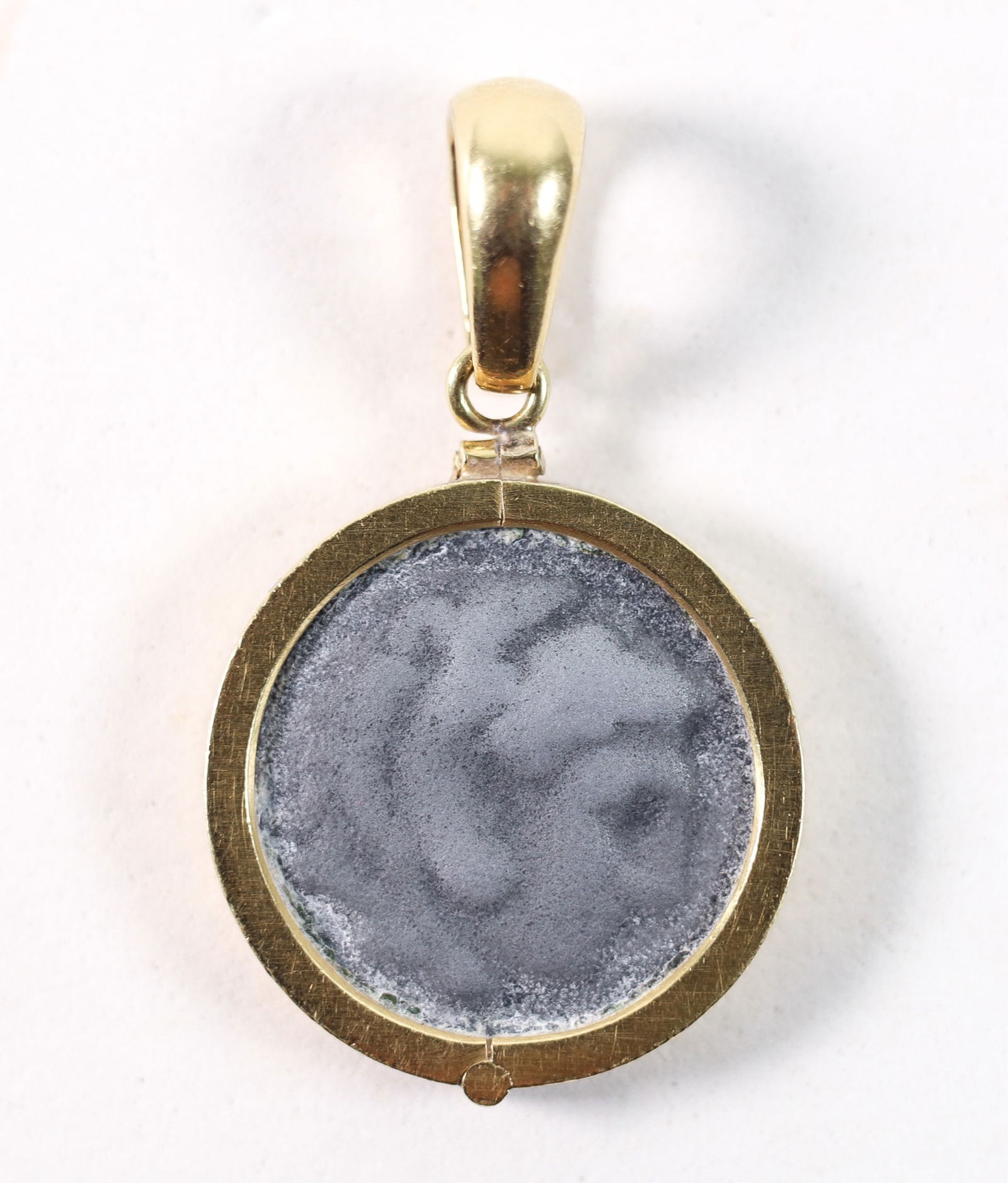 CHIMENTO 18K YG ANTIQUE COIN PENDANT: Chimento 18K yellow gold pendant having a bezel set antique coin and inscribed " And 45 years to go Love, Mary 2.16.01". Stamped * 408 VI CHIMENTO 750. Measurements: Length: 2 IN, including bail. Gold