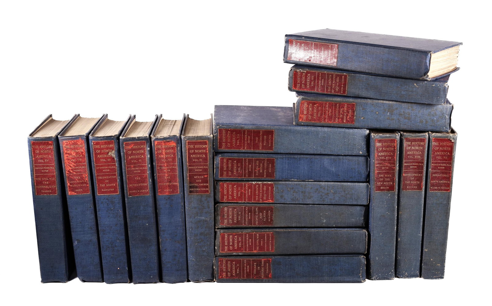 The History of North America Collection: Lot of 18. The History of North America Collection by Guy Carleton Lee, PHD. and Francis Thorpe. Published by George Barrie & Sons. Copyrights 1903-1907. Hardcover. Bound in Blue Cloth with Gold Top T