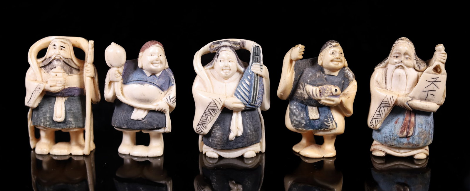 Carved Netsuke Council of 5 Elders: Council of 5 Elders Inspired Netsuke Bone Carved Figures. The 5 Elders were a group of Feudal lords formed in 1598. Each figure represents one of the 5 Feudal lords. Signed.