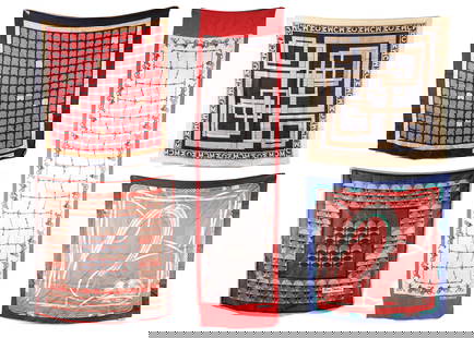 LOT OF 5 DESIGNER SILK SCARVES: Lot of 5 designer silk scarves from acclaimed fashion houses. Celine Scarf: 65x65cm MCM: 55x55cm Pierre Cardin: 65x65cm Balmain: 55x55cm Celine 115x32cm