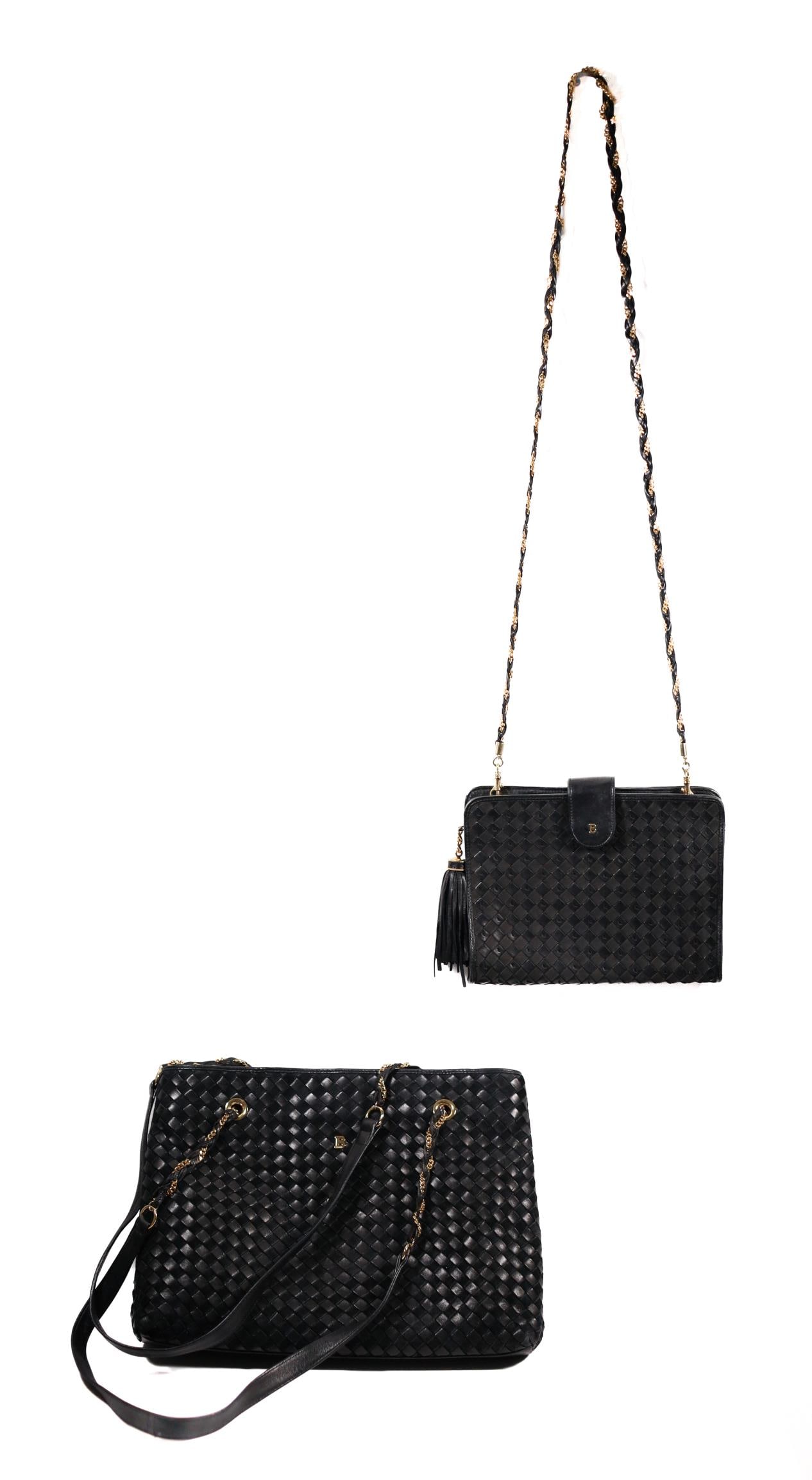LOT OF 2 LUXURIOUS LAMBSKIN BALLY BAGS: This is a collection of two luxurious lambskin handbags by Bally. They feature intricate leather weave design, a polished gold-tone 'B', and a smart snap closure. The interior has two pockets and a de
