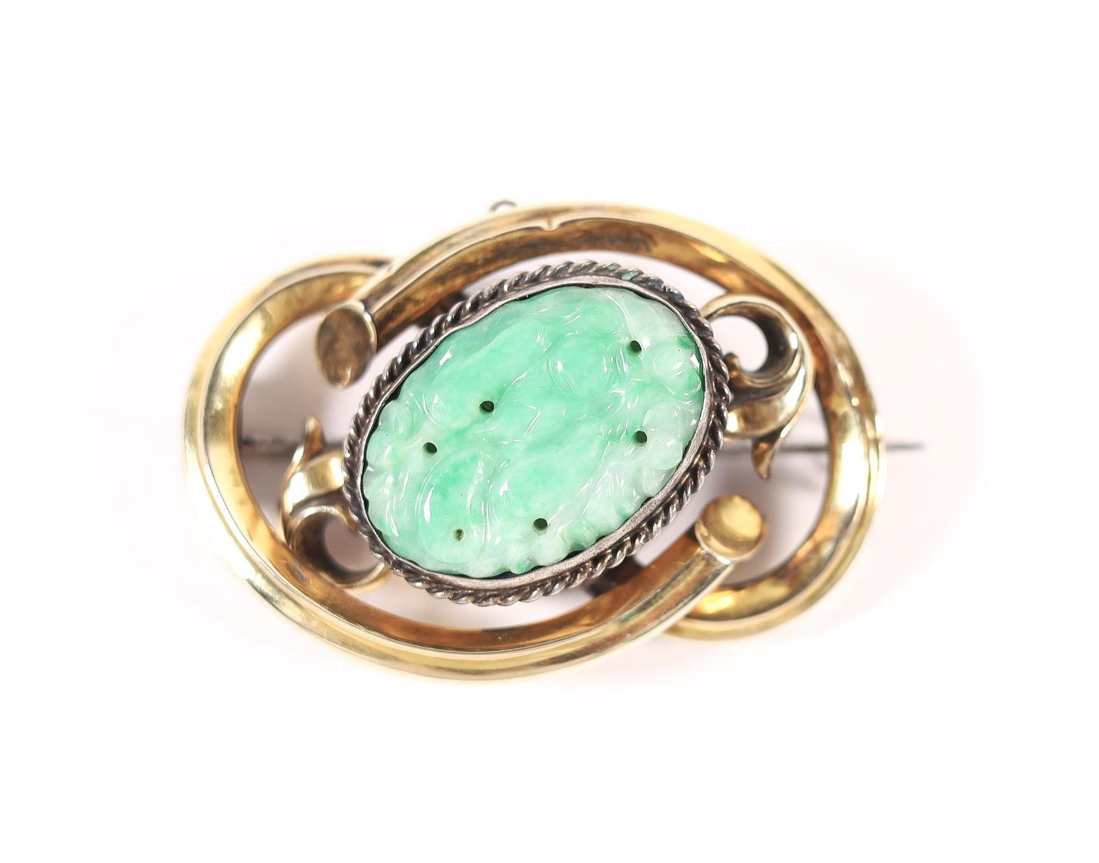 14KYG JADE BROOCH, 2IN. (1 of 4)