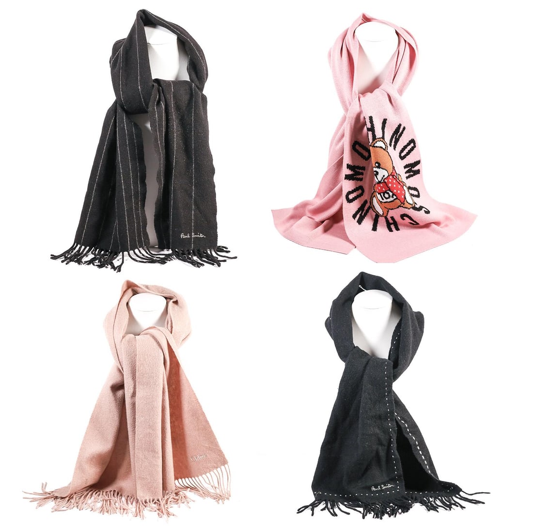 LOT OF 4 CHLOE/ PAUL SMITH/ MOSCHINO SCARVES: Four scarves from Chloe, Paul Smith, and Moschino, all in varying conditions, as pictured.