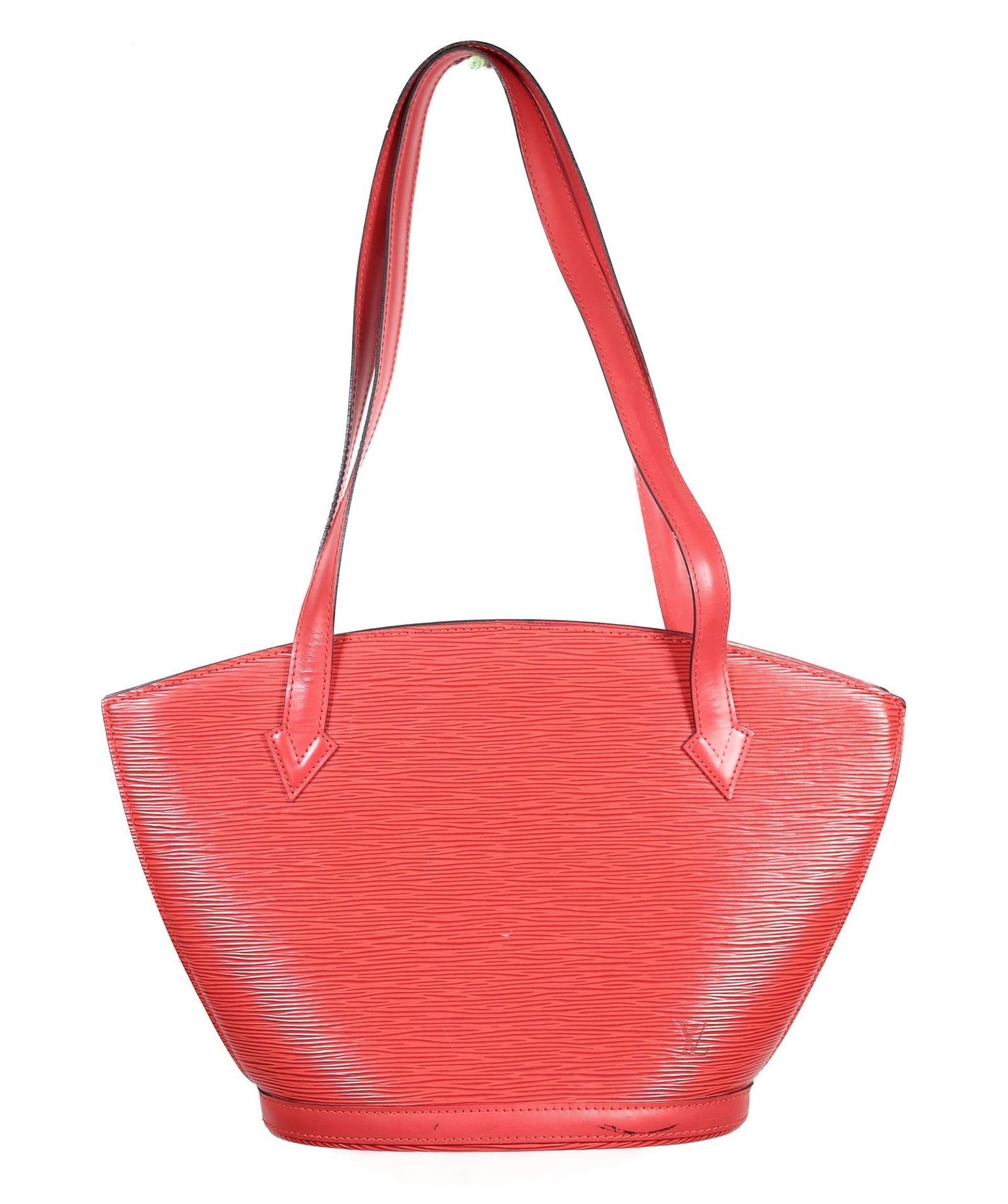 LOUIS VUITTON EPI SAINT JACQUES TOTE BAG, 15 IN.: A Louis Vuitton Epi Saint Jacques tote bag. This bag features leather handles and trim. It is in good condition with only minor stains and scratches. The bag is lined with red fabric and features a po