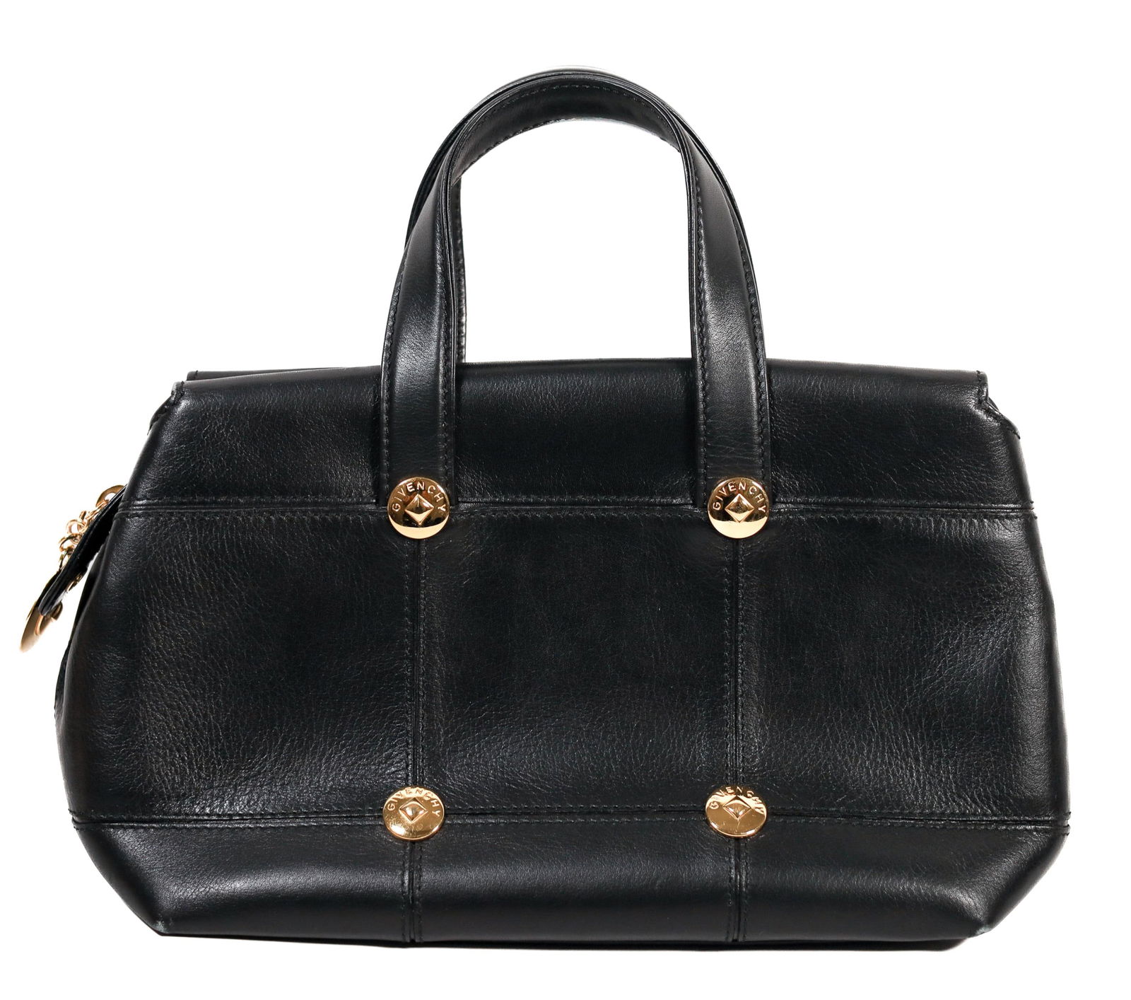 GIVENCHY BLACK LEATHER HANDBAG, 11.5 IN.: A Givenchy black leather handbag. This bag features Givenchy engraved gold-toned buttons on each side. It is in excellent condition with only minor visible wear. The inside is lined with black leather