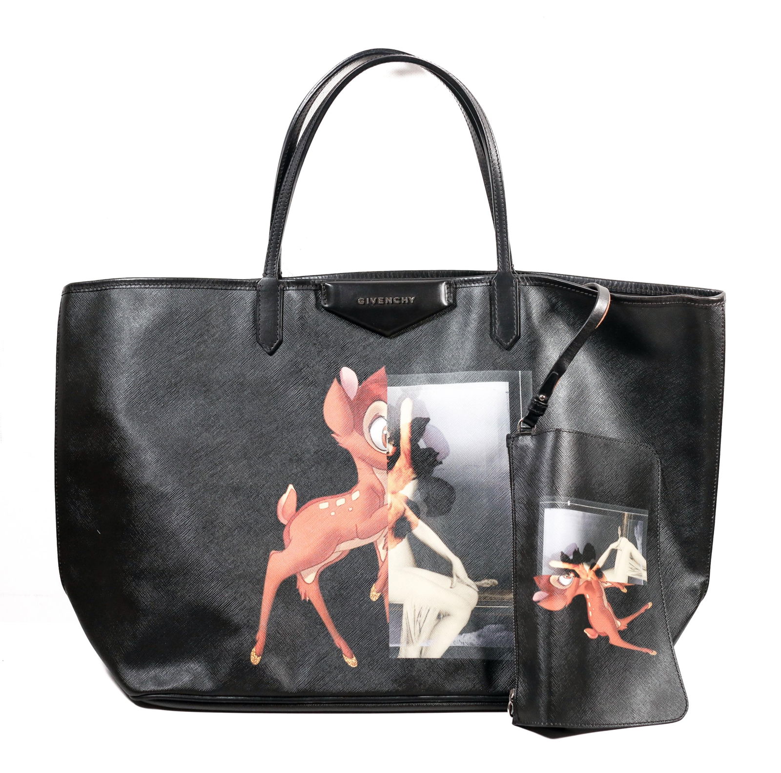 GIVENCHY ANTIGONA BAMBI TOTE BAG, 21.75 IN.: A Givenchy Antigona tote bag. This black bag features leather trim, handles, and a Bambi deer design. It is in good condition with only minor wear. The inside is lined with black fabric and features a