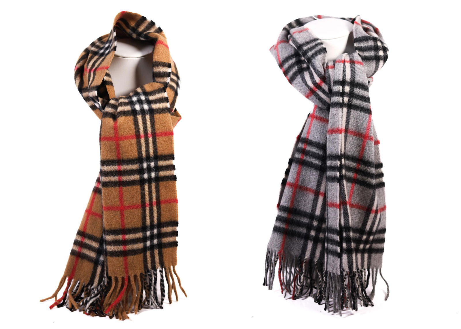 BURBERRY GRAY AND BROWN CHECK SCARVES: A Burberry gray check scarf and a Burberry brown check scarf, both in good condition. Burberrys of London, 100% Cashmere, Made in England, written on the tags. Details and measurements: Gray scarf dim
