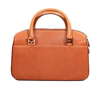 MORABITO ORANGE LEATHER HANDBAG: A Morabito orange leather handbag in good condition. This bag features two exterior pouch pockets, leather handles, gold-toned hardware, and four feet. It is lined with Morabito monogrammed black fabr