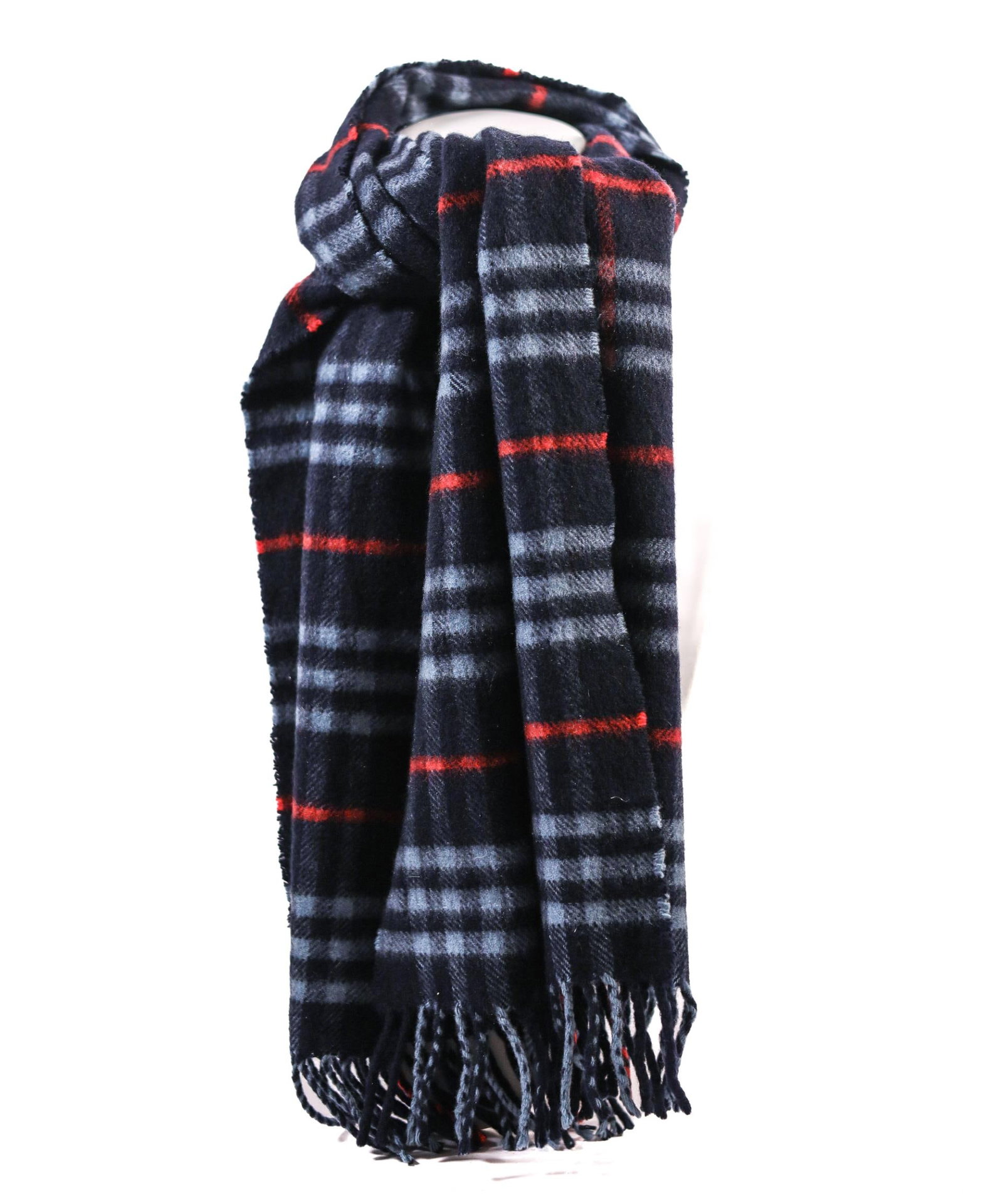 BURBERRY NAVY CHECK SCARF, 55 IN.: A Burberry navy check scarf in good condition. Burberrys of London, 100% Cashmere, Made in England, written on the tag Details and measurements: Dimensions: 55 IN. X 13.5 IN. (excluding fringe)