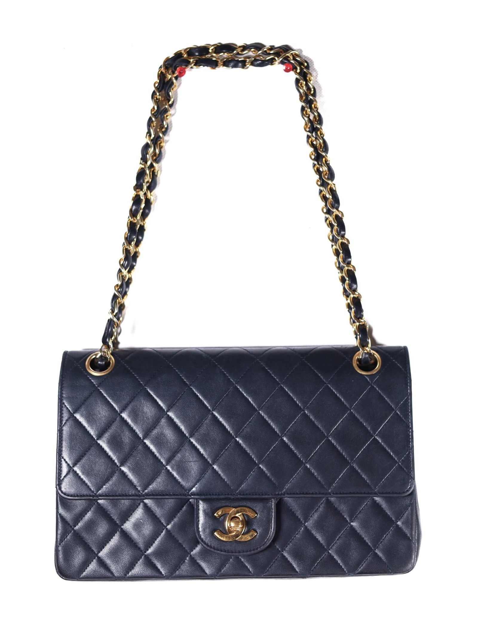 CHANEL NAVY BLUE LAMBSKIN DOUBLE-FLAP BAG W/CARD (1 of 6)