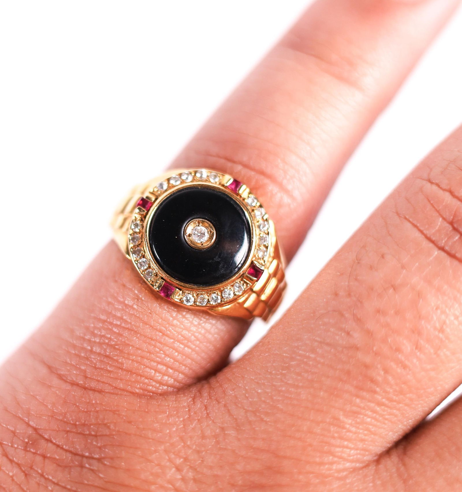 18KYG ONYX RUBY DIAMOND RING, 6.25. (1 of 5)