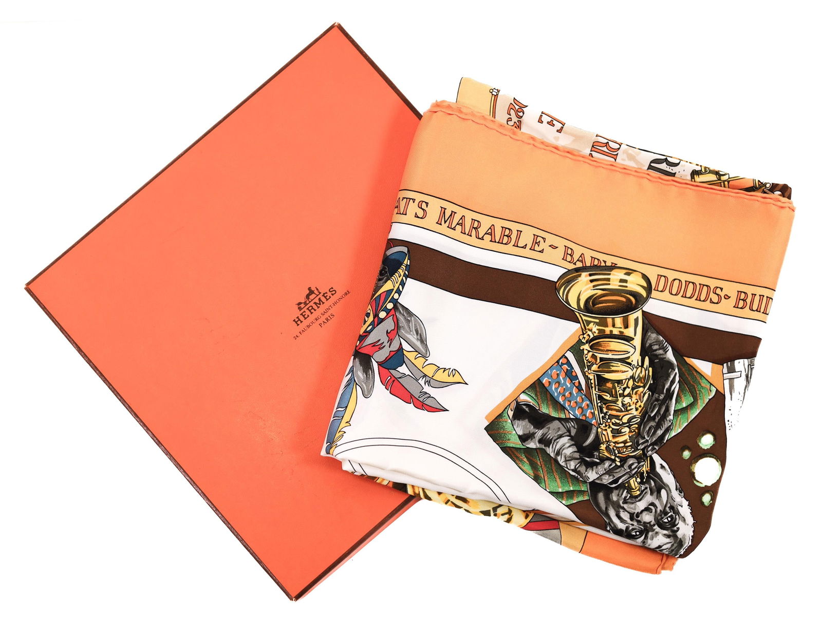 HERMES NEW ORLEANS CREOLE JAZZ CARRE 90 W/BOX: A Hermes New Orleans Creole Jazz scarf in excellent condition. This scarf comes with its original box. Details and measurements: Dimensions: 90 CM. X 90 CM.