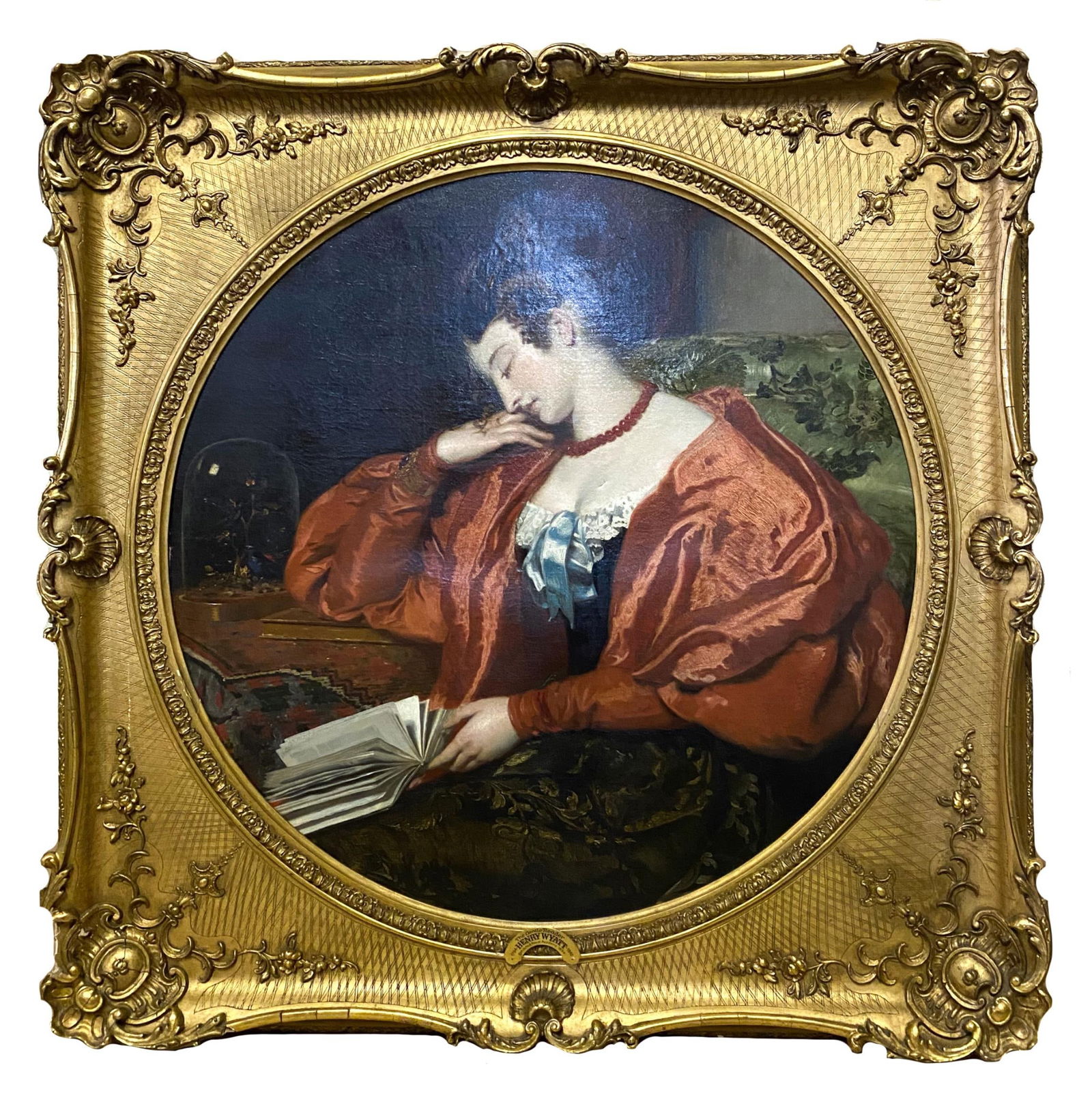 HENRY WYATT (1794-1840): Henry Wyatt (English 1794-1840) was an English portrait, subject and genre painter. The portrait depicts a lady, three-quarter length, in an orange and green dress with a black bodice in a wooded land