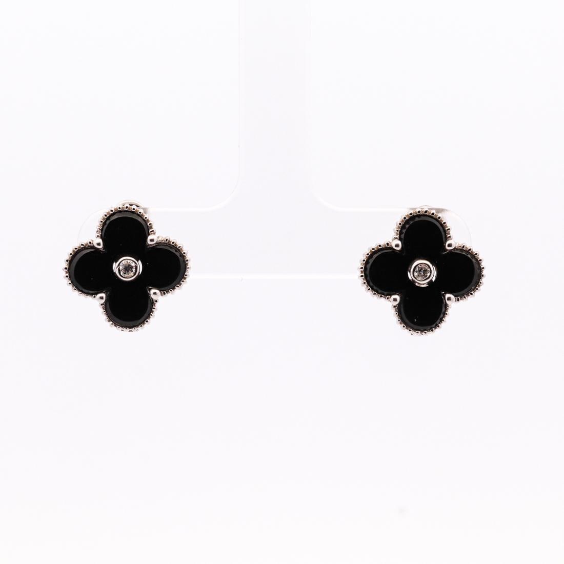18KWG ONYX & DIAMOND CLOVER CLIP-ON EARRINGS (1 of 4)