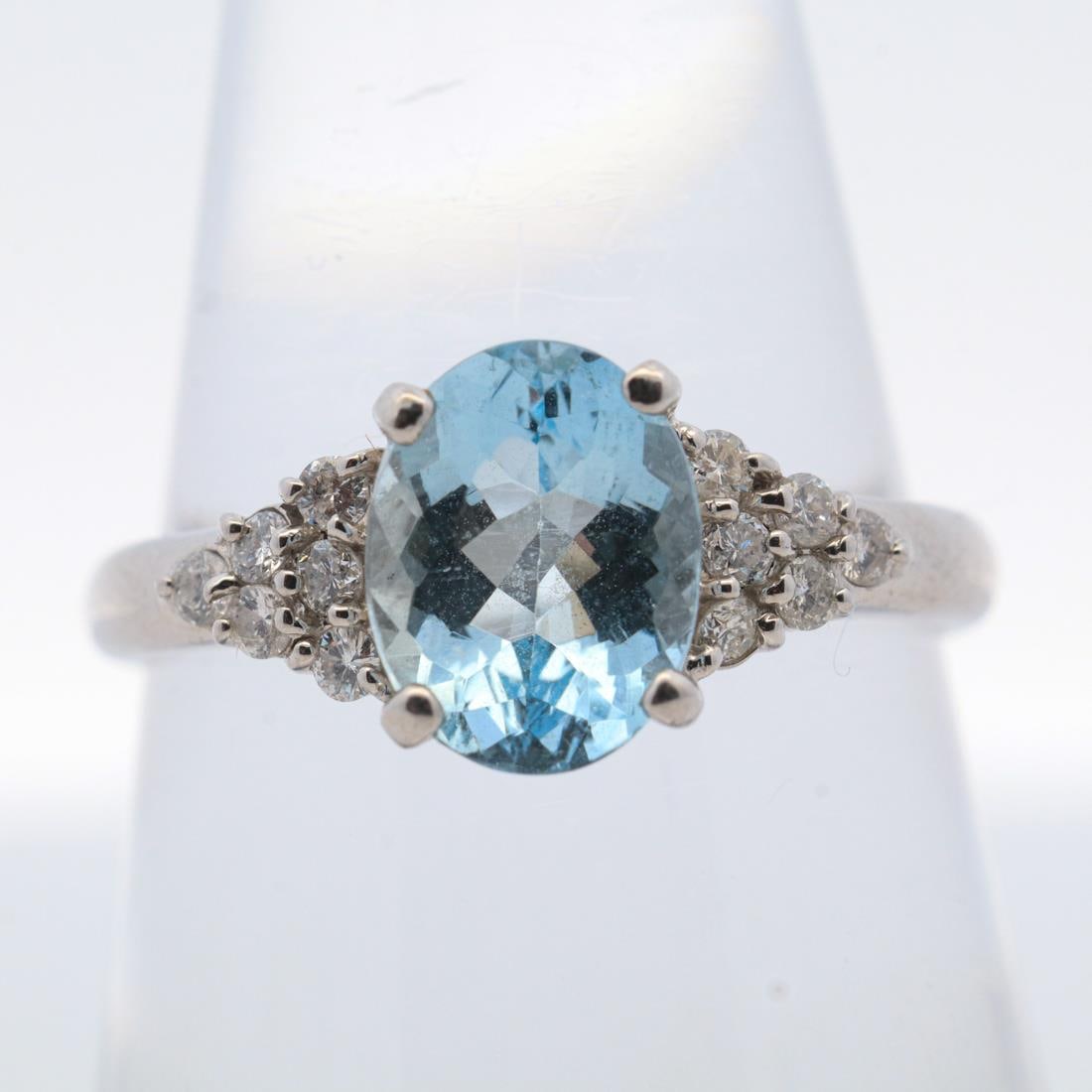 PLAT 1.80CTTW AQUAMARINE & DIAMOND RING, 7.5 (1 of 5)