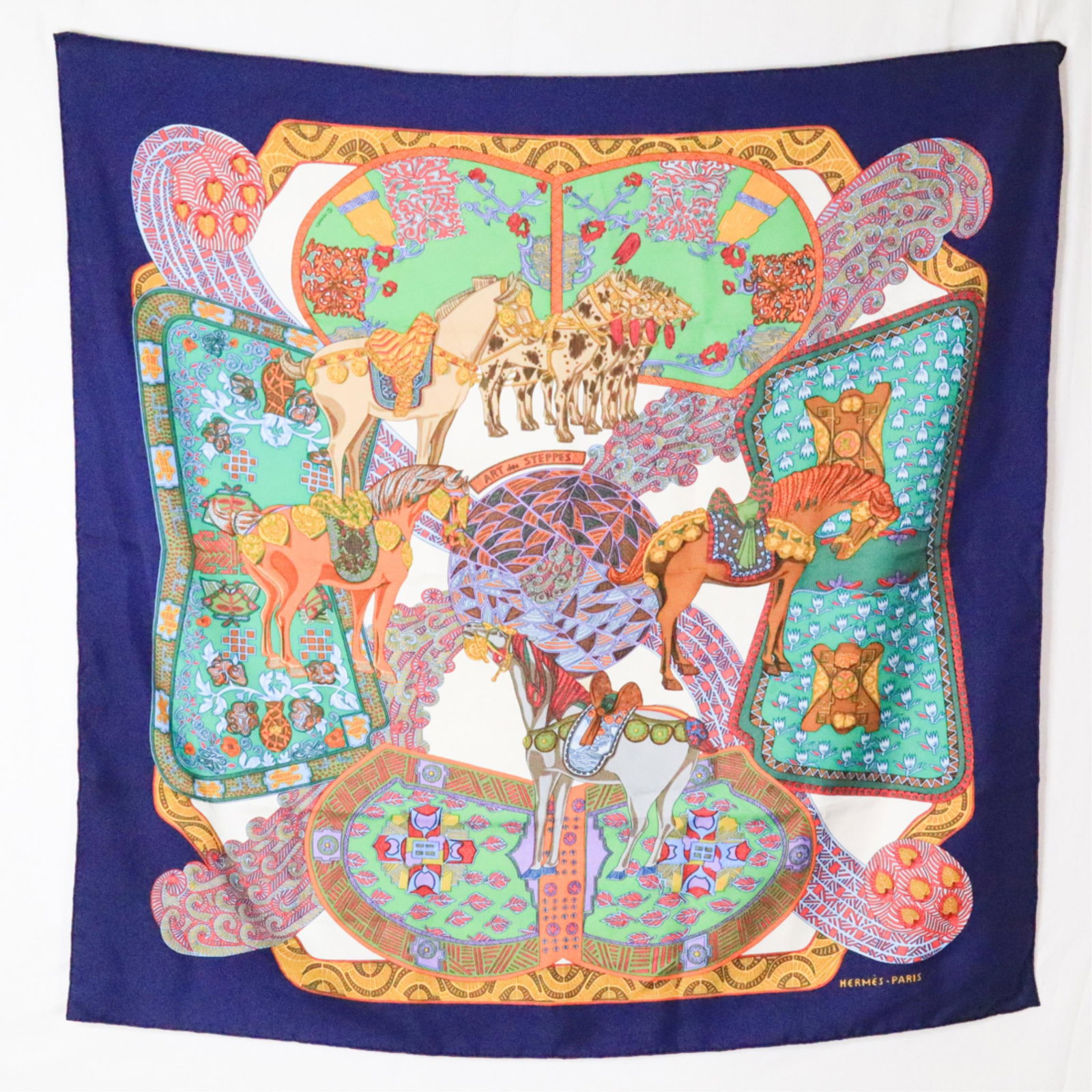 HERMES CARRE 90 ART DES STEPPES SCARF: Hermes Carre 90 silk Art des Steppes scarf in good condition. Details and measurements: Dimensions: 35.5 IN. X 35.5 IN.