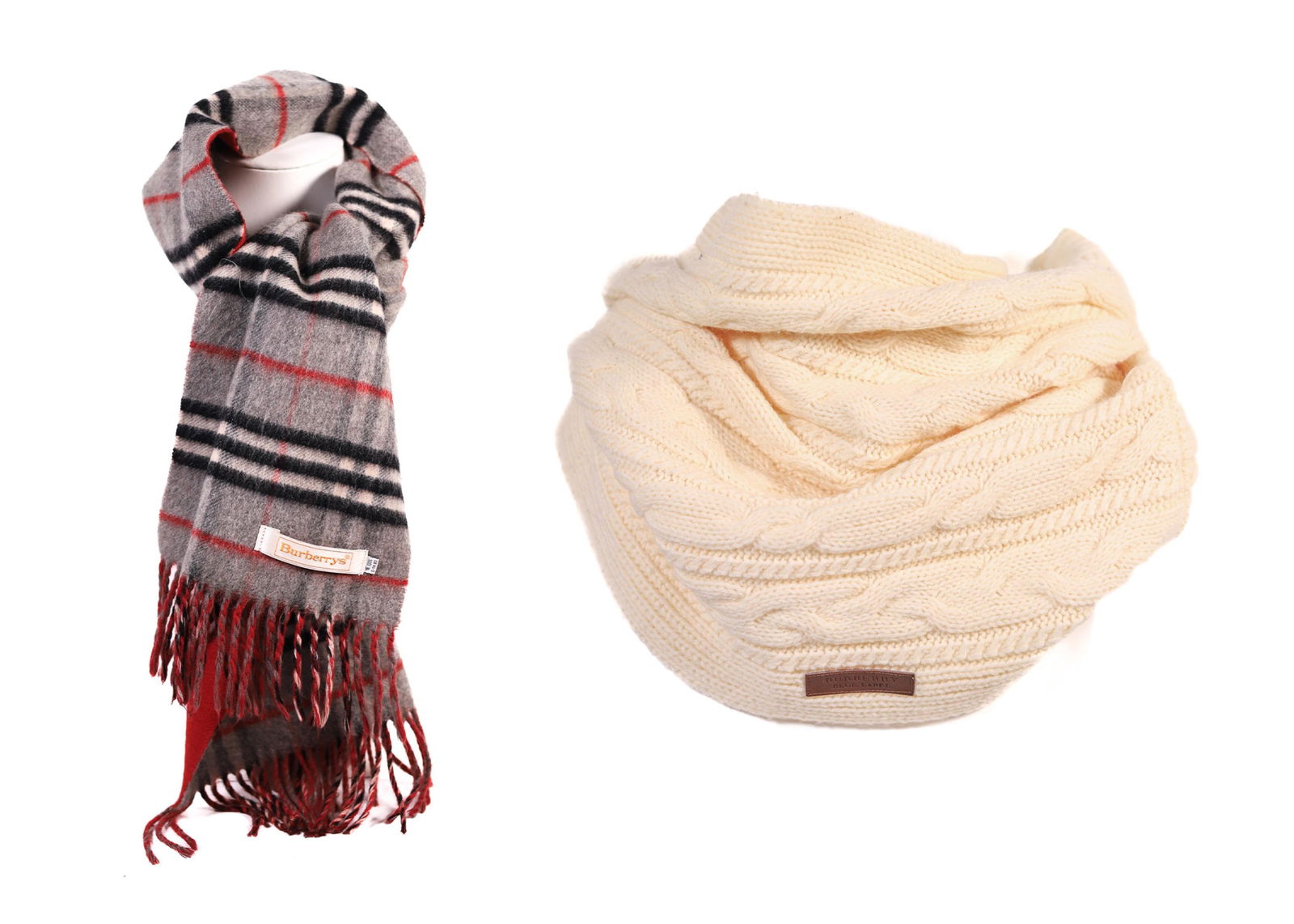 BURBERRY GRAY CHECK AND WHITE KNIT SCARVES: A Burberry gray check and red scarf and a blue label white knit scarf, both in good condition. Details and measurements: Gray check dimensions: 52 IN. X 12 IN. White knit scarf dimension: 16 IN. X 13.