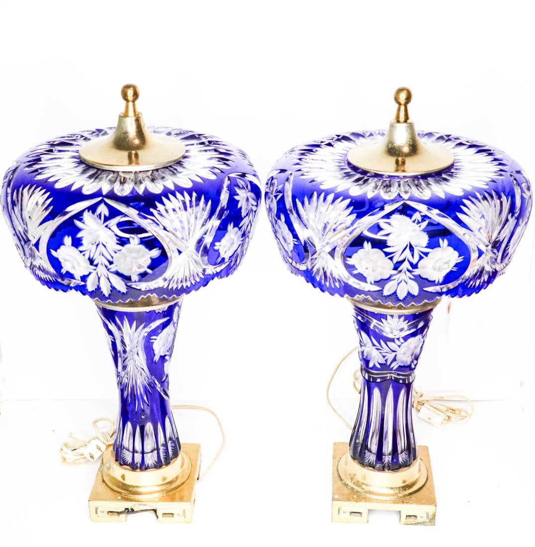 PAIR OF COBALT CUT TO CLEAR CRYSTAL LAMPS (1 of 11)