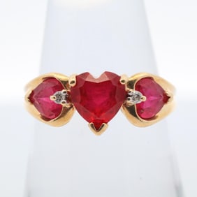 10KYG HEART CUT RUBY & DIAMOND RING, 7