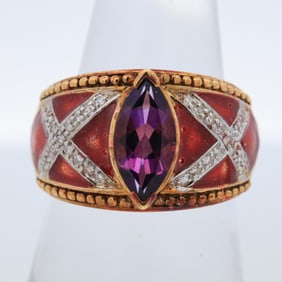 14KYG AMETHYST & DIAMOND ORNATE RING, 7.25