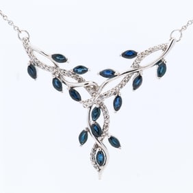 10K GOLD MARQUISE DROP SAPPHIRE & DIAMOND NECKLACE