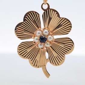 14KYG SEED PEARL AND SAPPHIRE CLOVER NECKLACE