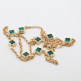 14KYG MALACHITE QUATREFOIL 9-MOTIF NECKLACE