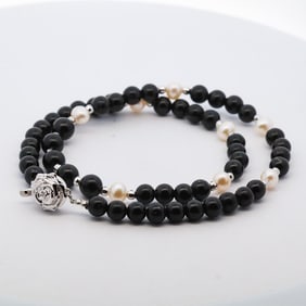 925 BLACK TOURMALINE & PEARL NECKLACE W/BOX&CERT