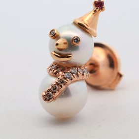 18KYG SNOWMAN MOTIF PEARL & DIAMOND PIN