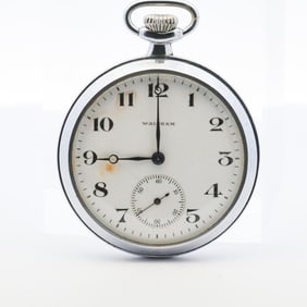 WALTHAM STAINLESS STEEL POCKET WATCH, 44MM