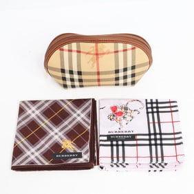 LOT OF 3 BURBERRY SCARVES & POUCH