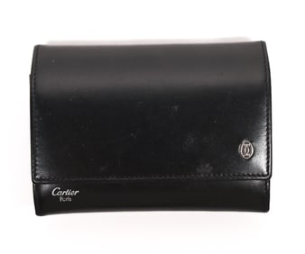 CARTIER BLACK LEATHER COIN PURSE, 4.5 IN.