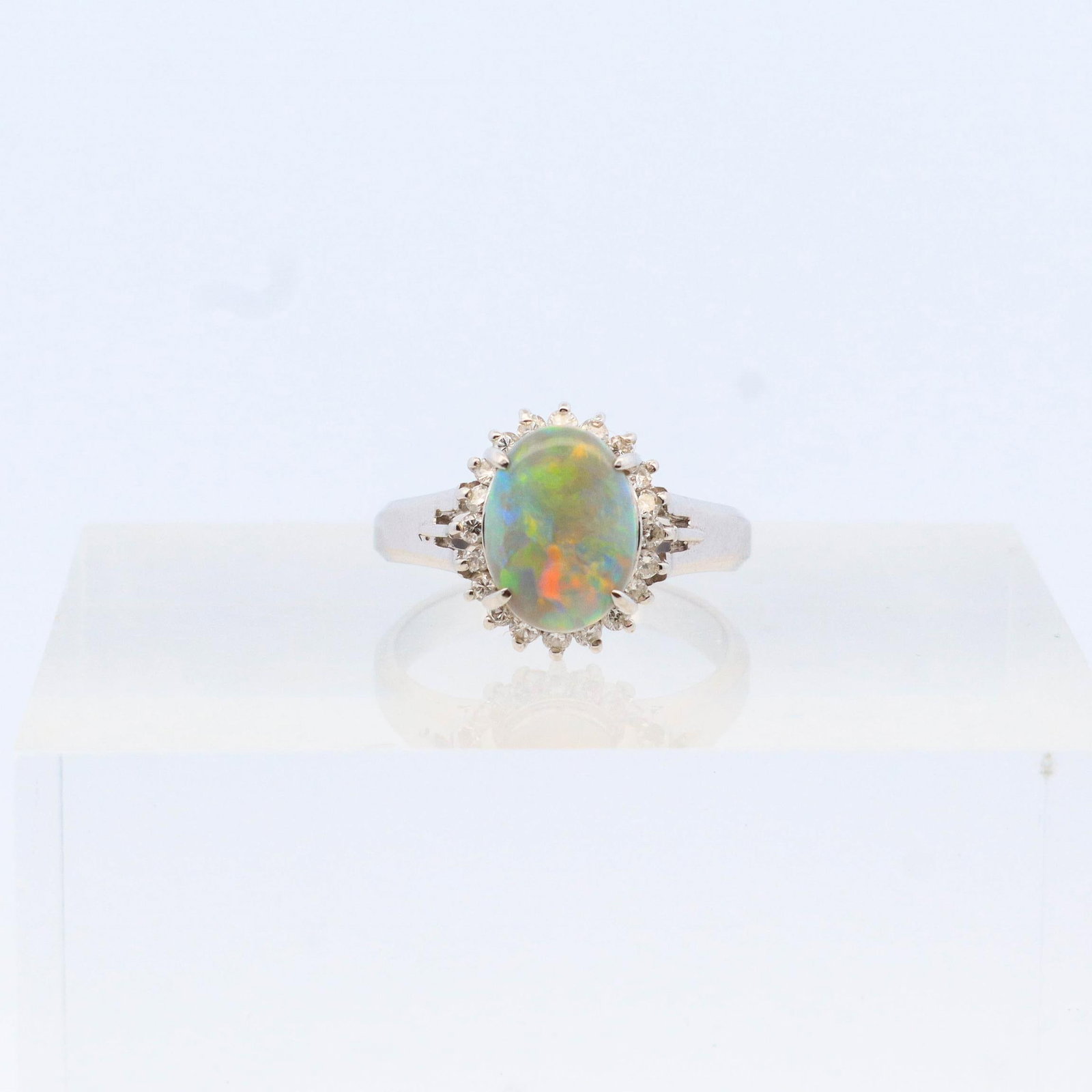 Platinum Cabochon Opal & Diamond Ring, Size 5.5 (1 of 6)