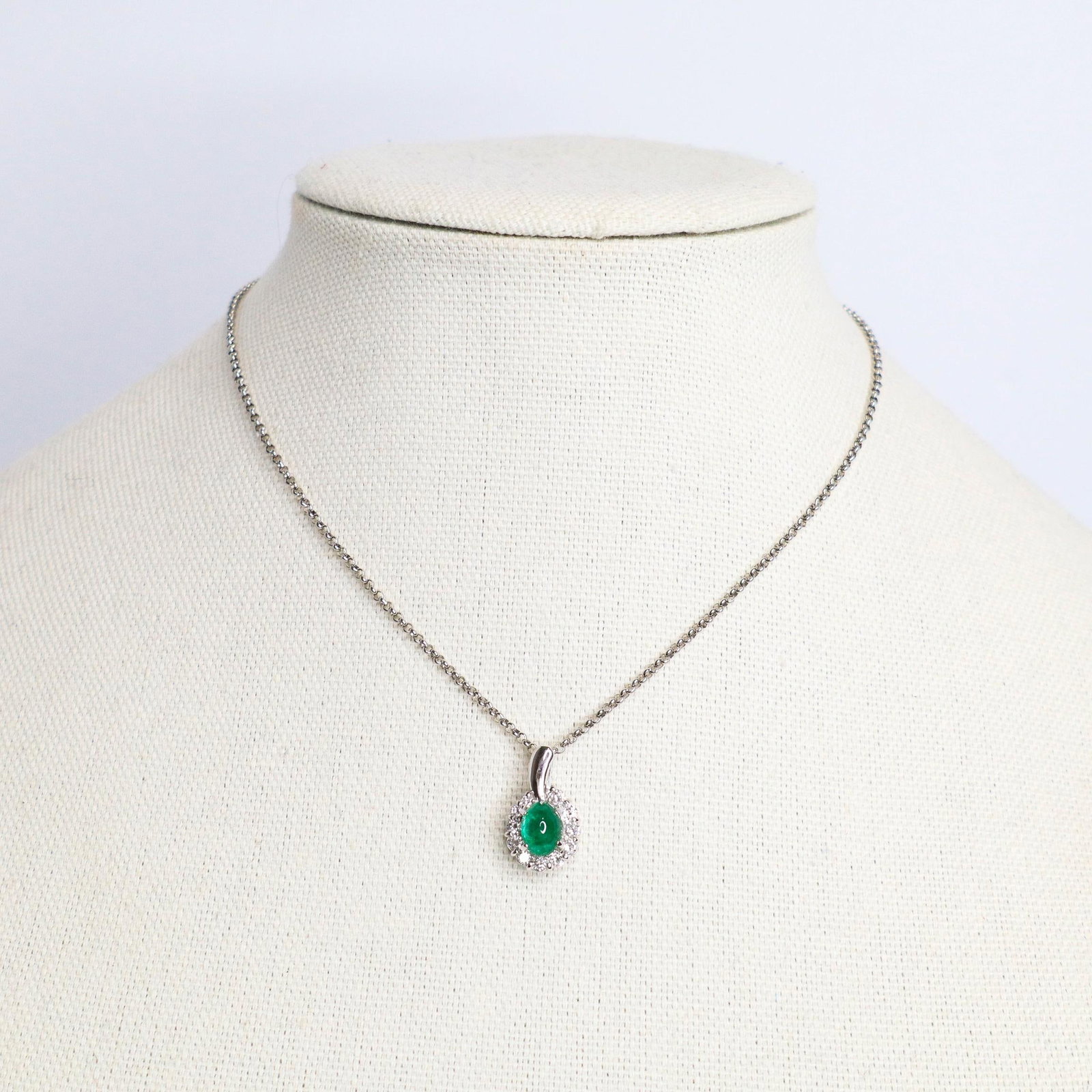 Platinum Cabochon Emerald & Diamond Halo Necklace (1 of 5)