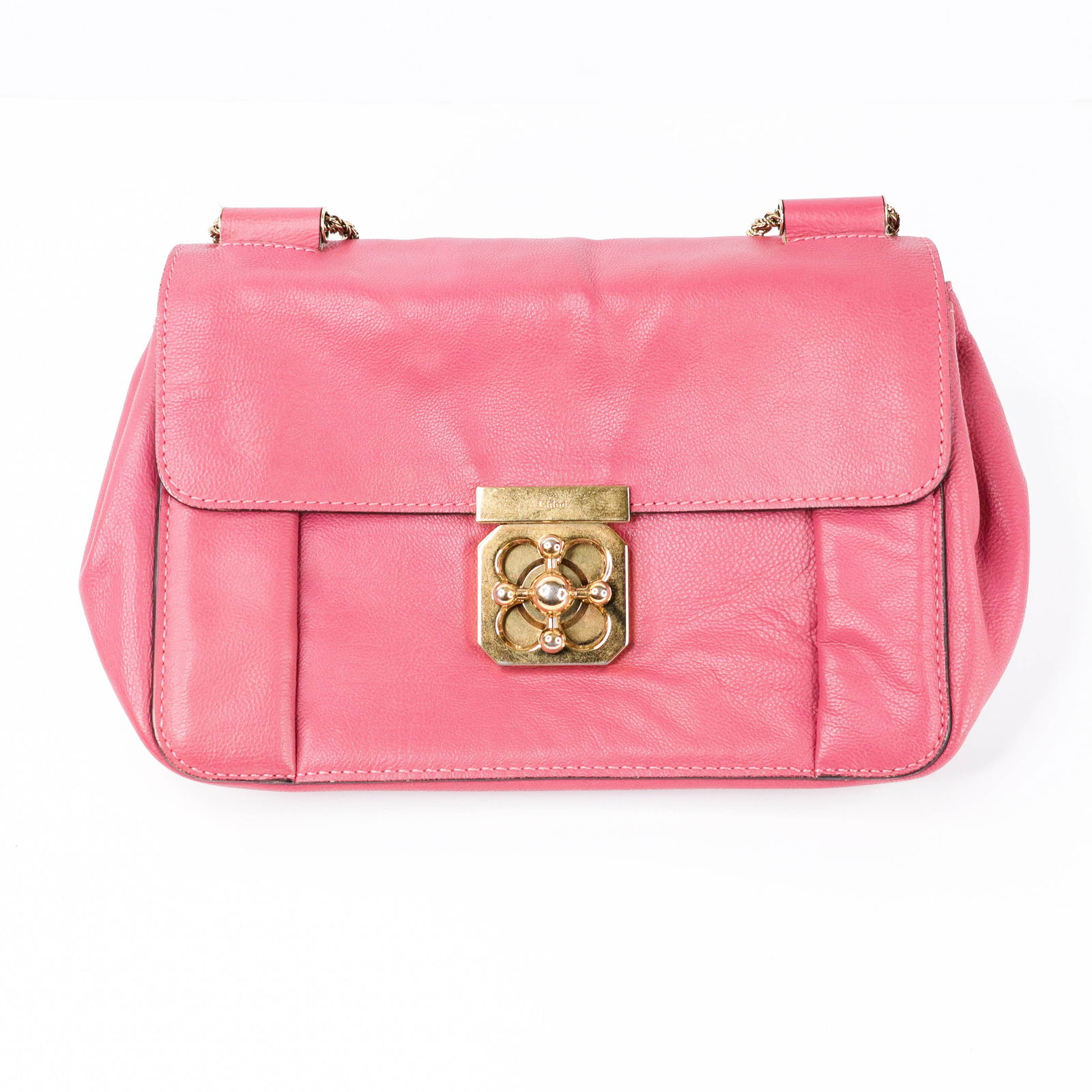 Chloé Dusty Rose Leather Elsie Shoulder Bag: Brand: Chloé Model: Elsie Material: Grained leather Color: Dusty rose Hardware: Gold-tone push-lock clasp Interior: Fabric lining with moderate soiling