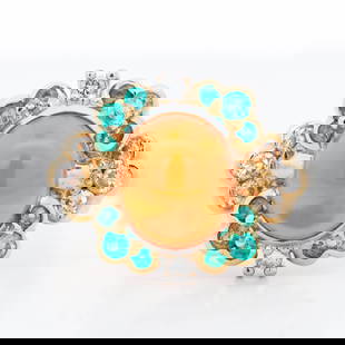 18KYG 4.03ct Fire-Opal, Paraiba Tourmaline & Diamond Cluster Ring, 8: Centered by a vivid 4.03 ct round cabochon Mexican fire opal with strong orange bodycolor and good translucency, this 18K yellow-gold ring presents a lively floral cluster: alternating halos of neon-b