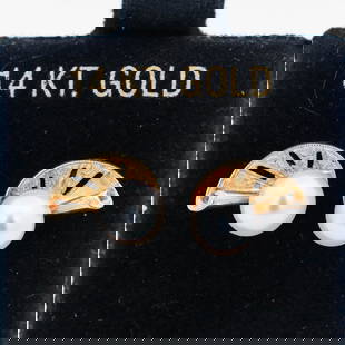 14KYG Mikimoto Pearl Nautilus/Shell Design Stud Earrings: 14KYG Earrings by Mikimoto With Mikimoto Pearl Nautilus/Shell Design Stud Earrings 3.54 grams 12.8mm across