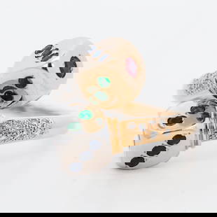 18KYG/Pt900 Diamond, Sapphire, Emerald & Ruby Dice Ring, 8.75: Whimsical yet finely crafted, this casino-inspired ring features a pair of three-dimensional dice—one rendered in 18K yellow gold, the other in platinum. Each die face is dotted with calibrated colo