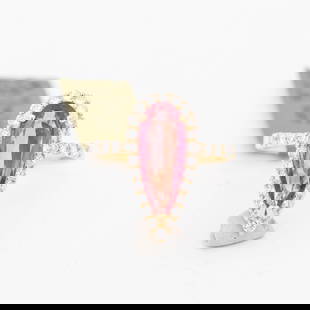 18KYG 3.01ct Transparent Pinkish Red Ruby & 0.62ctw Diamond Ring, 6.25: 18K Yellow Gold Cocktail ring with 0.62ctw round brilliant diamond halo &amp; half pave 3.01ct Transparent Pinkish Red Ruby modified pear cut&nbsp; Size 6.25 4.16 grams