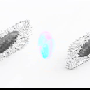 Platinum 3.32ct Opal & 1.55ct Natural Diamond Ring, 6: Main Stone: Natural black opal, approx. 3.32 carats   Opal Details: Body tone very good, vibrant and substantial play of color, minor surface fissures present   Accent Stones: Natural Diamonds totalin