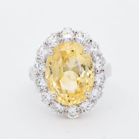 GIA Certified Pt900 12.12ct No Heat Ceylon Yellow Sapphire & 2.38ctw Diamond Ring, Size 6.25