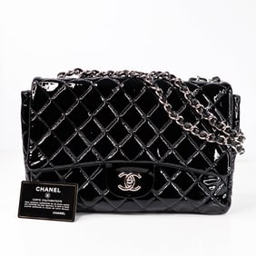 CHANEL Matelassé 30 Black Patent Single Flap Bag w/Box & Card