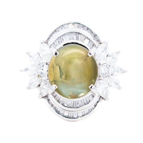 Incredible Platinum 4.75ct Cats Eye & 1.48ctw Natural Diamond Ring, Size 6