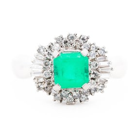 Platinum 1.00ct Emerald & 0.50ctw Natural Diamond Halo Ring, sz 7.75