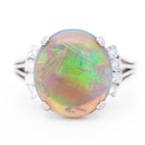 Platinum 4.04ct Opal & Natural Diamond Ring, size 6