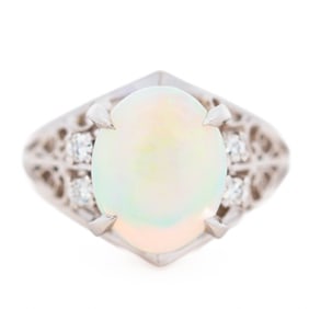 Pt900 2.27ct Natural Cabochon Opal & Diamond Filigree Ring, size 5