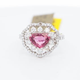 Pt900 GIA 2.137ct Ruby & 0.83ctw Diamond Heart Halo Ring, 6.5